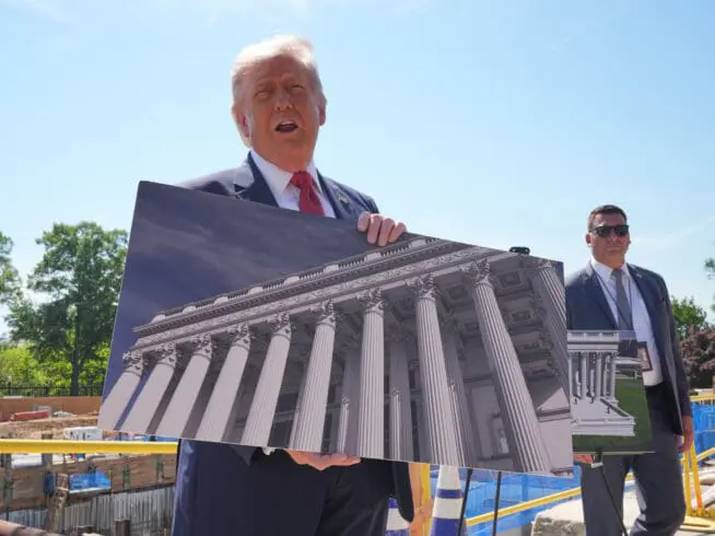 Donald Trump with rendering of ballroom
