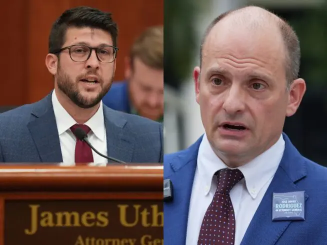 Left: Florida Attorney General James Uthmeier speaks during a meeting between Gov. Ron DeSantis and the state cabinet at the Florida capitol in Tallahassee, Wednesday, March 5, 2025. Right: Democratic nominee for Florida Attorney General Jose Javier Rodriguez, speaks regarding a recent report on the conditions and cost of the now closed Alligator Alcatraz detention facility Thursday, Sept. 17, 2026, in Miami.